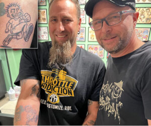 Nissen with a MXPX fan who was coincidentally getting a tattoo of the mascot he designed for MXPX in Las Vegas while he was visiting. 